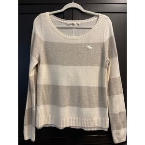 Abercrombie & Fitch Wool Blend Metallic Cream Striped Long Sleeve Sweater Medium